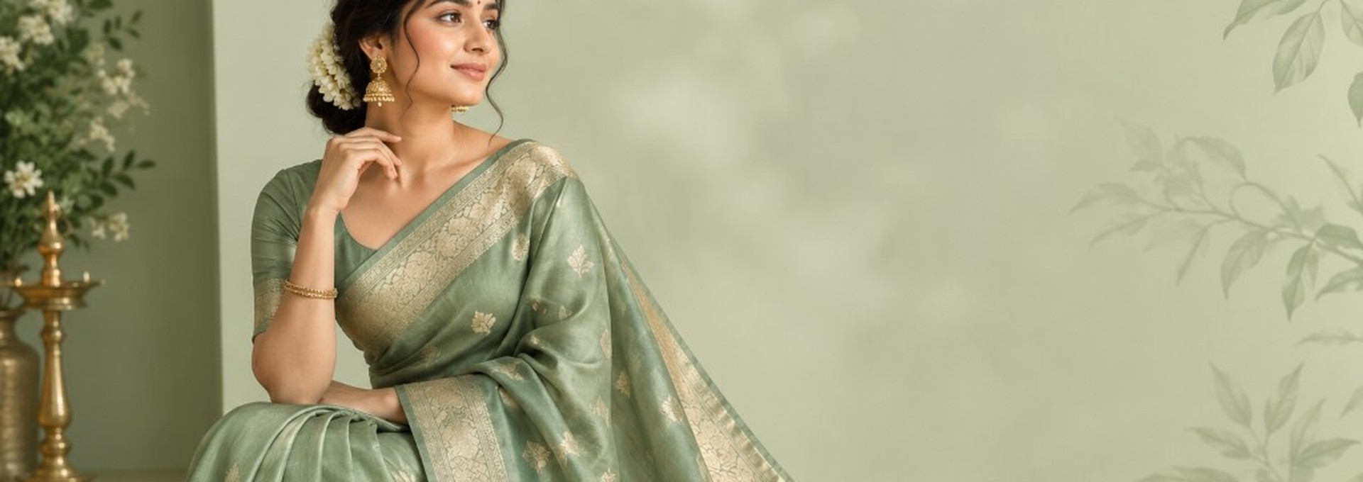 Woman in a sage-green silk saree with gold zari