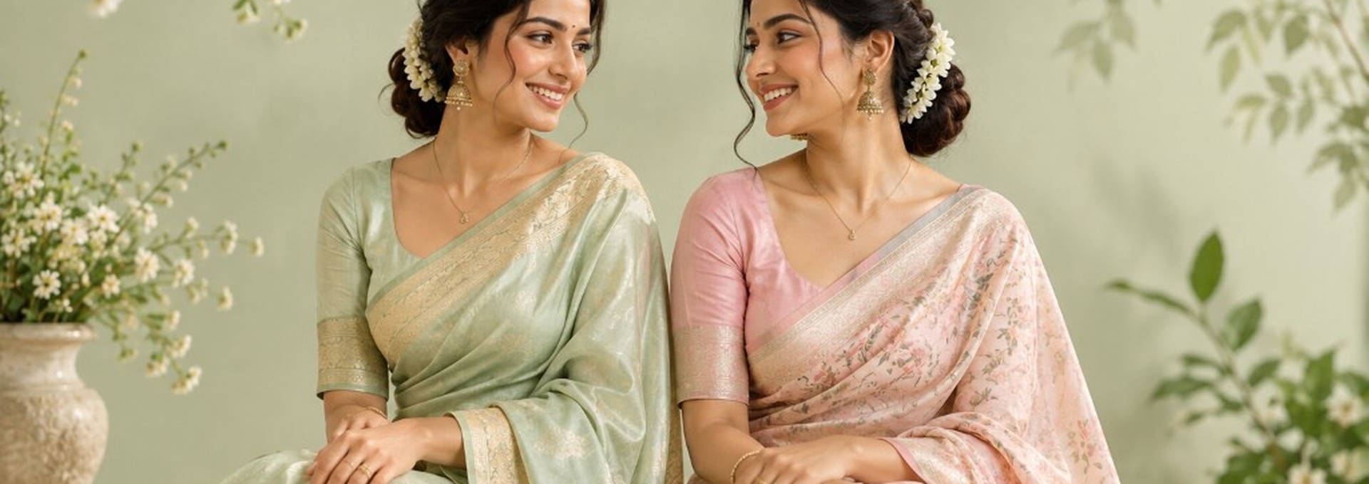 Two women in mint-green and blush silk sarees