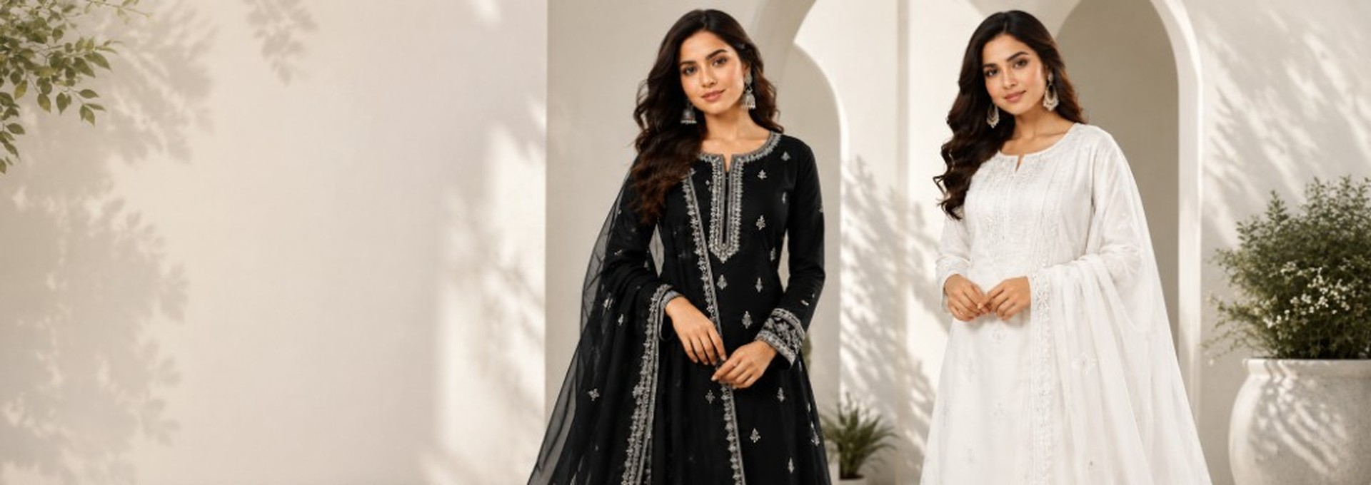 Two women in black and white embroidered kurta sets