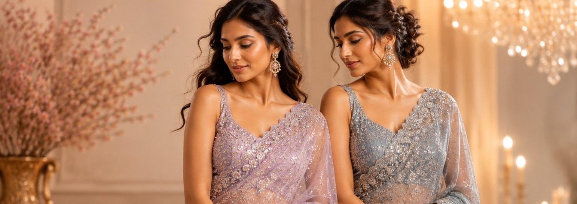 Two women in embroidered lavender and steel-blue sarees