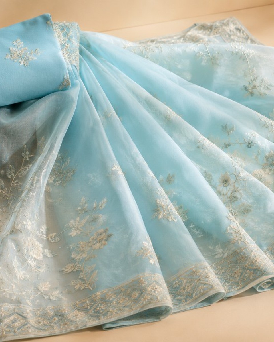 Aqua Blue Hand Embroidered Organza Saree with Zardozi Borders