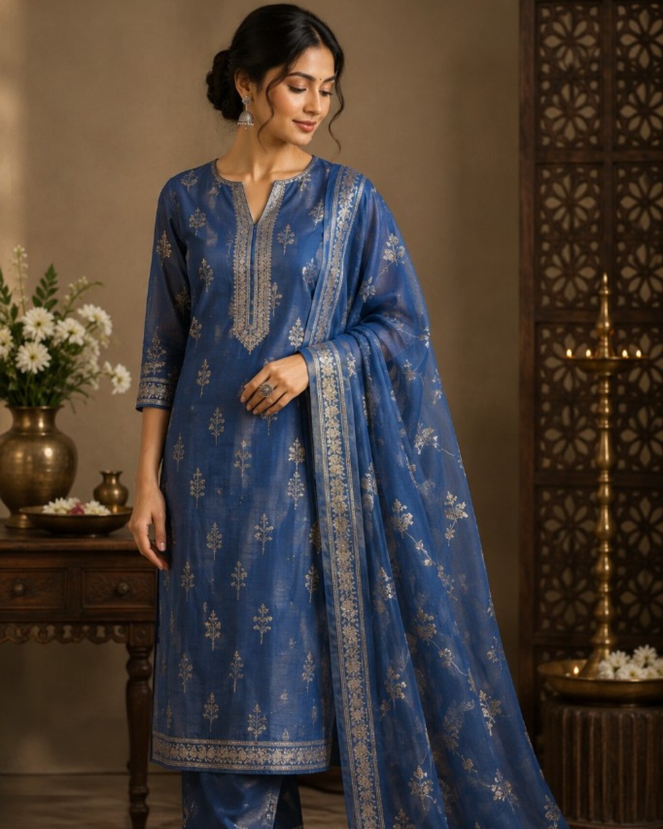Cotton Candy White Blue Chanderi Mulmul A-Line Kurta Set of 3