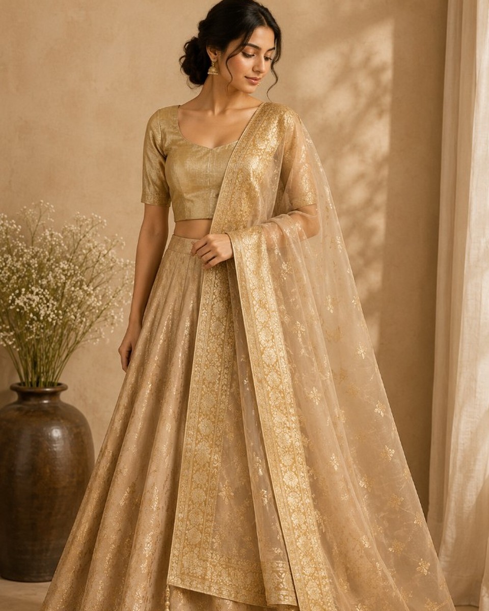Antique Gold Tissue Blouse with Skirt and Dupatta