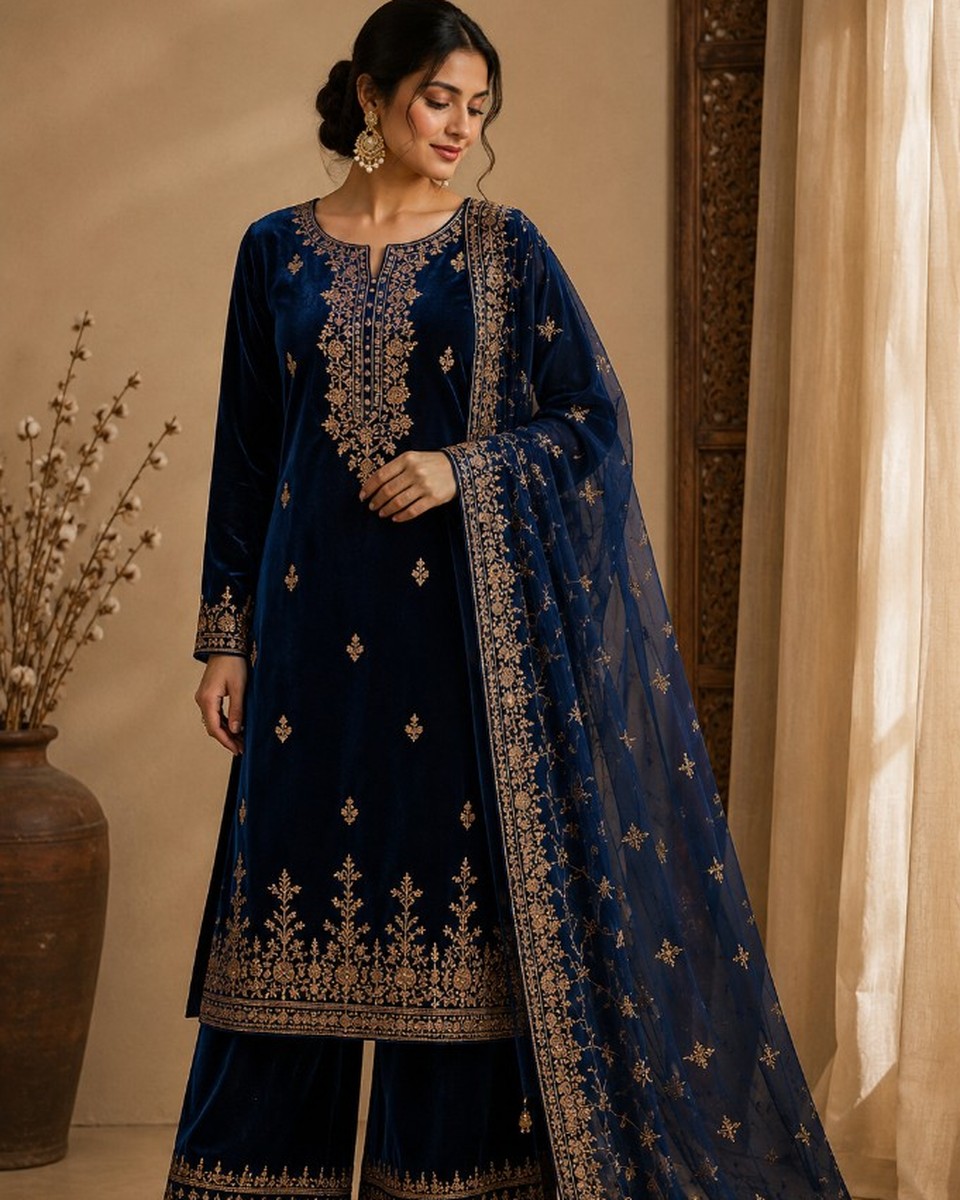 Navy Blue Embroidered Velvet Kurta Set