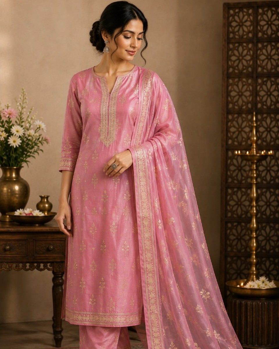 Cotton Candy White Pink Chanderi Mulmul A-Line Kurta Set of 3