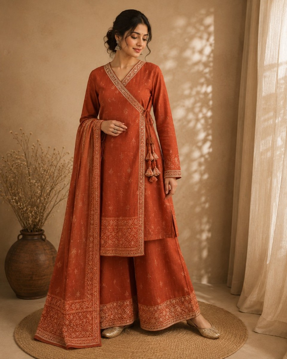 Rust Orange Handloom Angrakha Set
